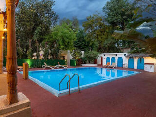 An outdoor swimming pool with lounge chairs surrounded by trees and greenery.