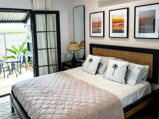 A bedroom featuring a double bed with palm tree patterned pillows, framed artworks above, a side table with a lamp, and an open door leading to a patio with outdoor seating and plants.