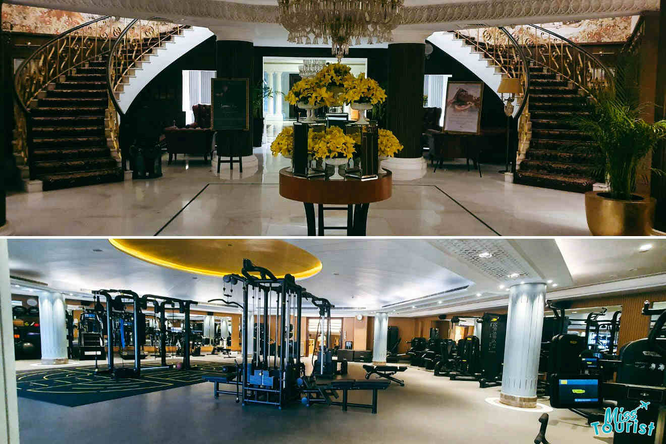 A collage of two hotel photos to stay in Delhi: The Claridges hotel’s elegant lobby with twin grand staircases and floral decor, and a spacious, well-equipped gym with modern fitness machines.