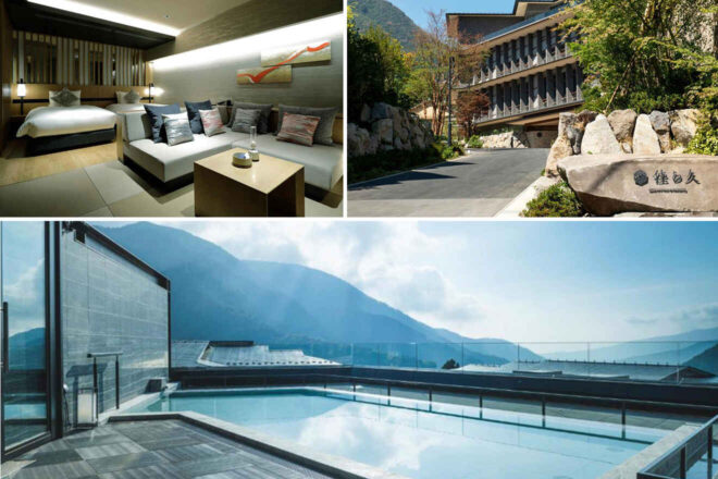 A modern hotel suite with a living area, an entrance with mountains in the background, and an outdoor pool with a mountain view.