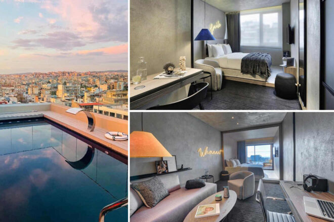 Hotel room with modern decor, featuring a bed, sofas, and city views. Rooftop pool with a cityscape backdrop under a pastel sky.