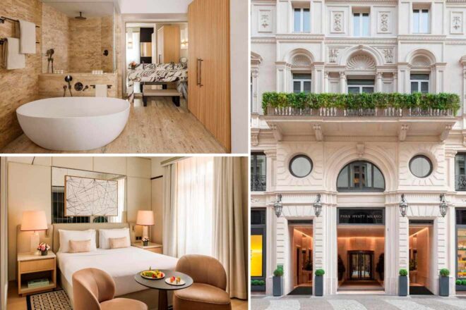 Elegant hotel scenes include a spacious bathroom with a bathtub, a bedroom with a neatly made bed, and a grand exterior facade with greenery on the balcony.