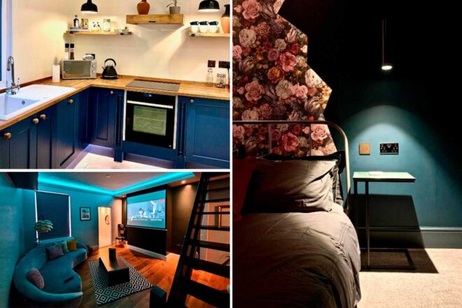 A split image of a modern kitchen with blue cabinets, a cozy living room with a projector screen and blue lighting, and a bedroom with a floral accent wall and a bed under soft lighting.