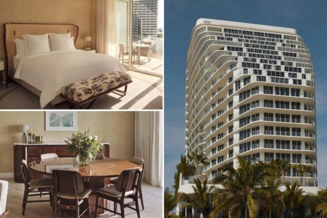 A collage featuring a luxury bedroom, a dining area set with a round table and chairs, and the exterior of a tall, modern hotel building with curved balconies.