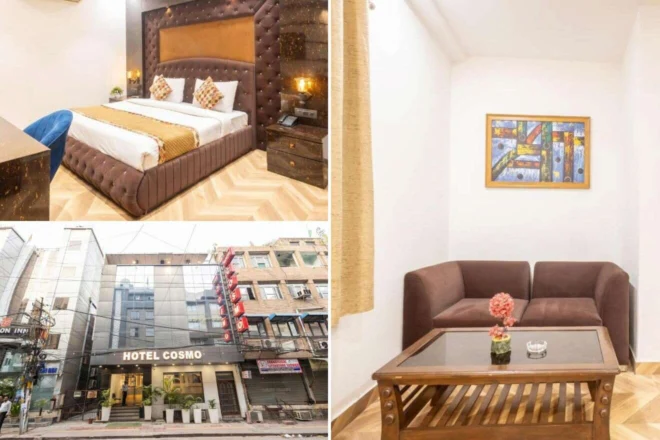 A collage of three hotel photos to stay in Delhi: Hotel Cosmo’s exterior with its clean, modern facade, a plush room with a brown tufted headboard, and a compact sitting area with a brown couch and coffee table.