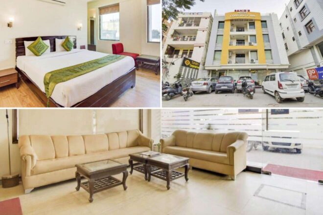 A collage of three hotel photos to stay in Jaipur: a simple hotel exterior with yellow accents, a bright and airy bedroom with a large bed and green accents, and a comfortable lounge area with beige sofas in a modern setting.