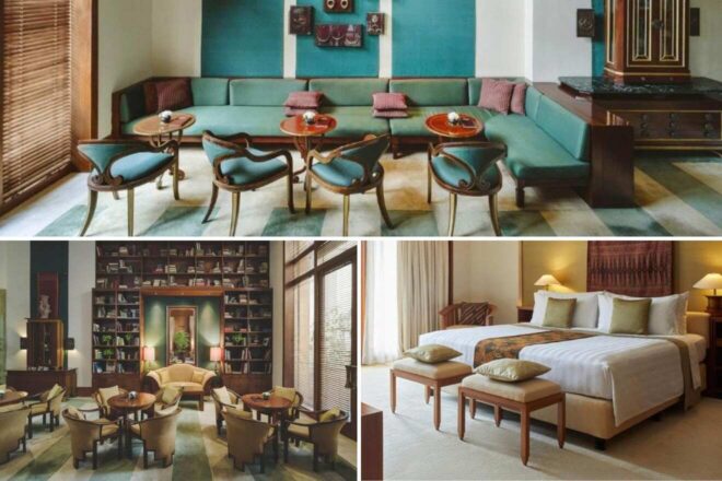 Collage of three hotel interiors: a teal seating area with circular tables, a lounge with armchairs and bookshelves, and a bedroom with a king-sized bed, side tables, and lamps.