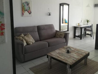 A cozy living room with a gray sofa, rustic wooden coffee table, and a dining area