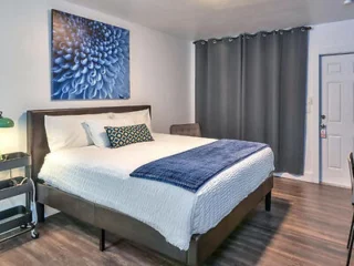A bedroom with a large bed, white bedding, a blue blanket, and a decorative pillow. The room features dark curtains, a wall painting, a bedside cart with a lamp, and a wooden floor.