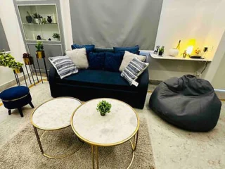 A cozy living room with a dark sofa, gray bean bag, two round coffee tables, and various plants. There's a small shelf with decor items and a lit lamp, along with a gray-shaded window in the background.