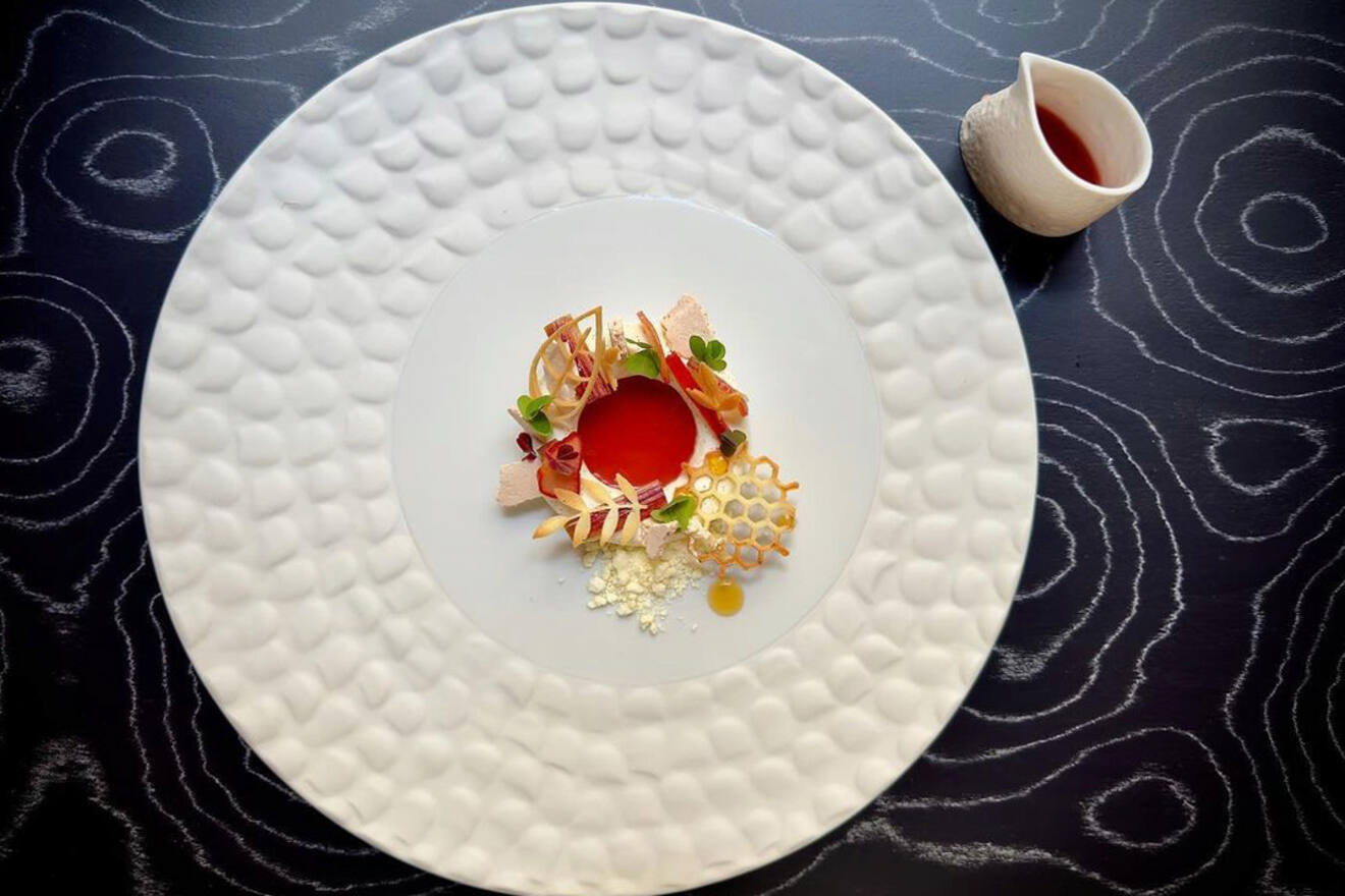 A meticulously plated dish on a textured white plate featuring a red sauce, various garnishes, and a small pitcher of additional red liquid on the side, placed on a dark patterned surface.