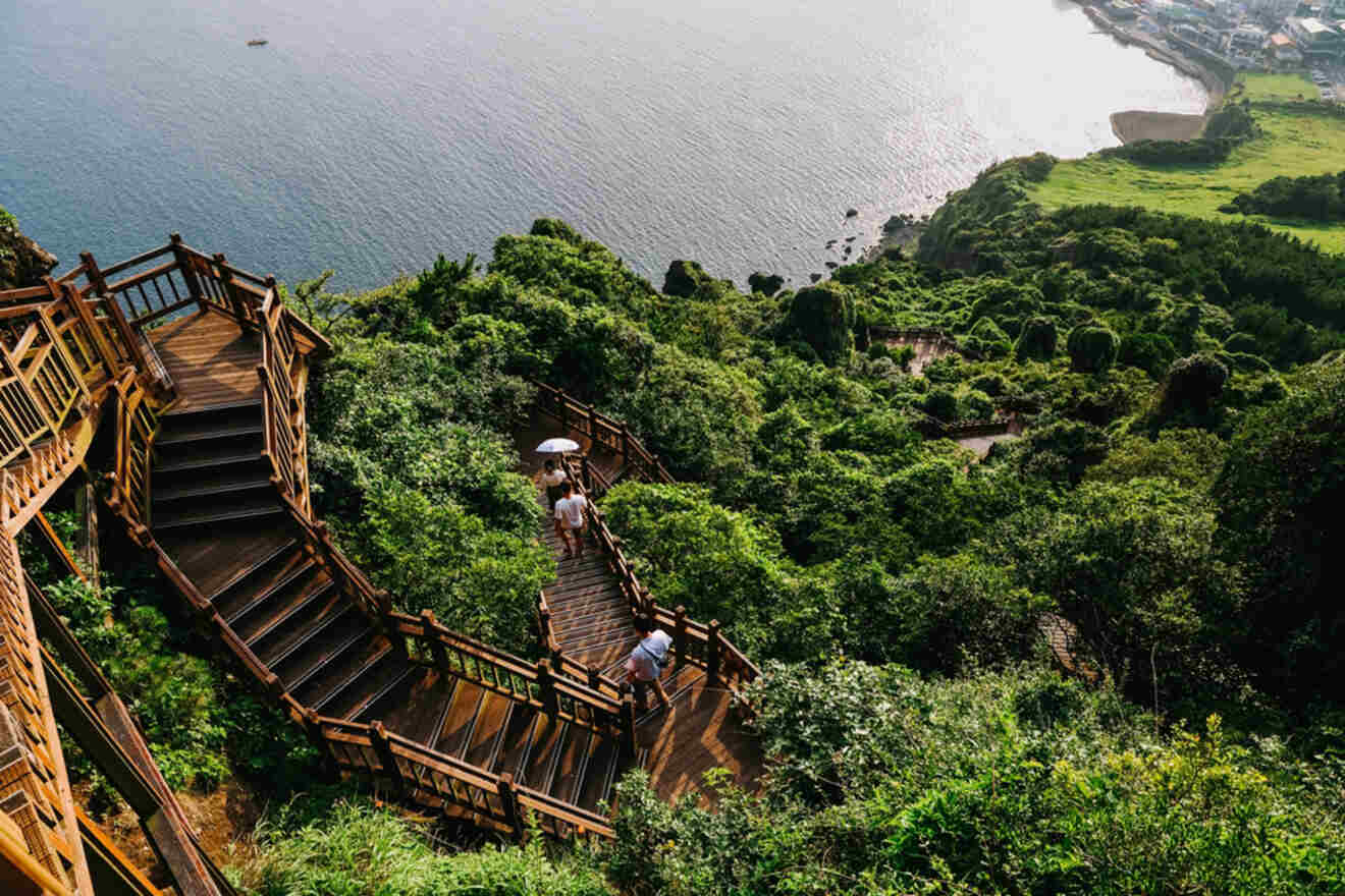 Wooden staircases wind through lush greenery on a hillside, with people walking down. Below, the hillside slopes towards a vast body of water and a distant green landscape.