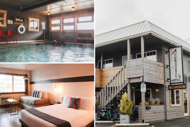 Three-image collage showing an indoor pool, a hotel room with two beds, and the exterior of Ashore Hotel.