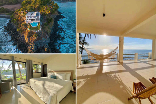 An oceanfront house on a rocky outcrop, a bedroom with a large bed and ocean view, and a covered balcony with a hammock and armchairs overlooking the sea.