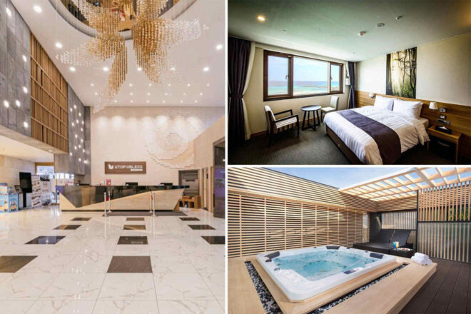 A hotel with a chandelier-lit lobby, a modern bedroom with a large window and landscape artwork, and an outdoor hot tub area with wooden privacy screens.