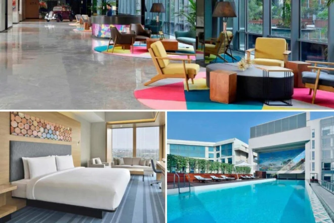 A collage of three hotel photos to stay in Delhi: the Aloft New Delhi Aerocity featuring a colorful, open lobby with modern seating, a minimalist guest room with a large bed and light wood decor, and a stunning rooftop pool with poolside lounge chairs.