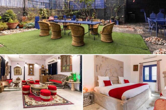 A collage of three hotel photos to stay in Jaipur: a lush outdoor seating area with wicker chairs and vibrant greenery, a traditional living room with ornate furniture and red accents, and a bedroom with a carved stone headboard and bold red and white bedding.