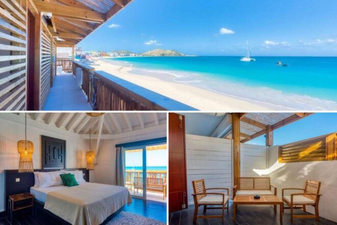 A collage of three hotel photos to stay in St. Maarten: a beachfront hotel with a wooden deck and direct beach access, a cozy hotel room with a beach-inspired decor, and an outdoor seating area with wooden chairs and a small table.