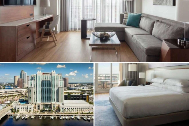 A collage of three images: a living area with a sofa and desk, an exterior view of a waterfront hotel, and a bedroom with a neatly made bed.