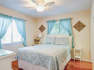 A small, neatly arranged bedroom with a double bed, blue curtains, and a ceiling fan. There is a bedside table with a lamp and decorative wall art above the bed.