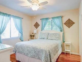 A small, neatly arranged bedroom with a double bed, blue curtains, and a ceiling fan. There is a bedside table with a lamp and decorative wall art above the bed.