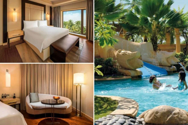 A collage showing a hotel room with a bed, a sitting area with a curved sofa, and an outdoor pool with two children playing near slides and tropical plants.