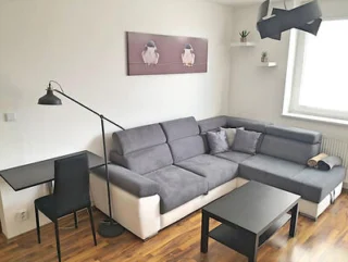 A modern living room featuring a grey sectional sofa, black coffee table, corner desk with a chair, floor lamp, wall art, and wall-mounted shelves with small plants. The room has wooden flooring.