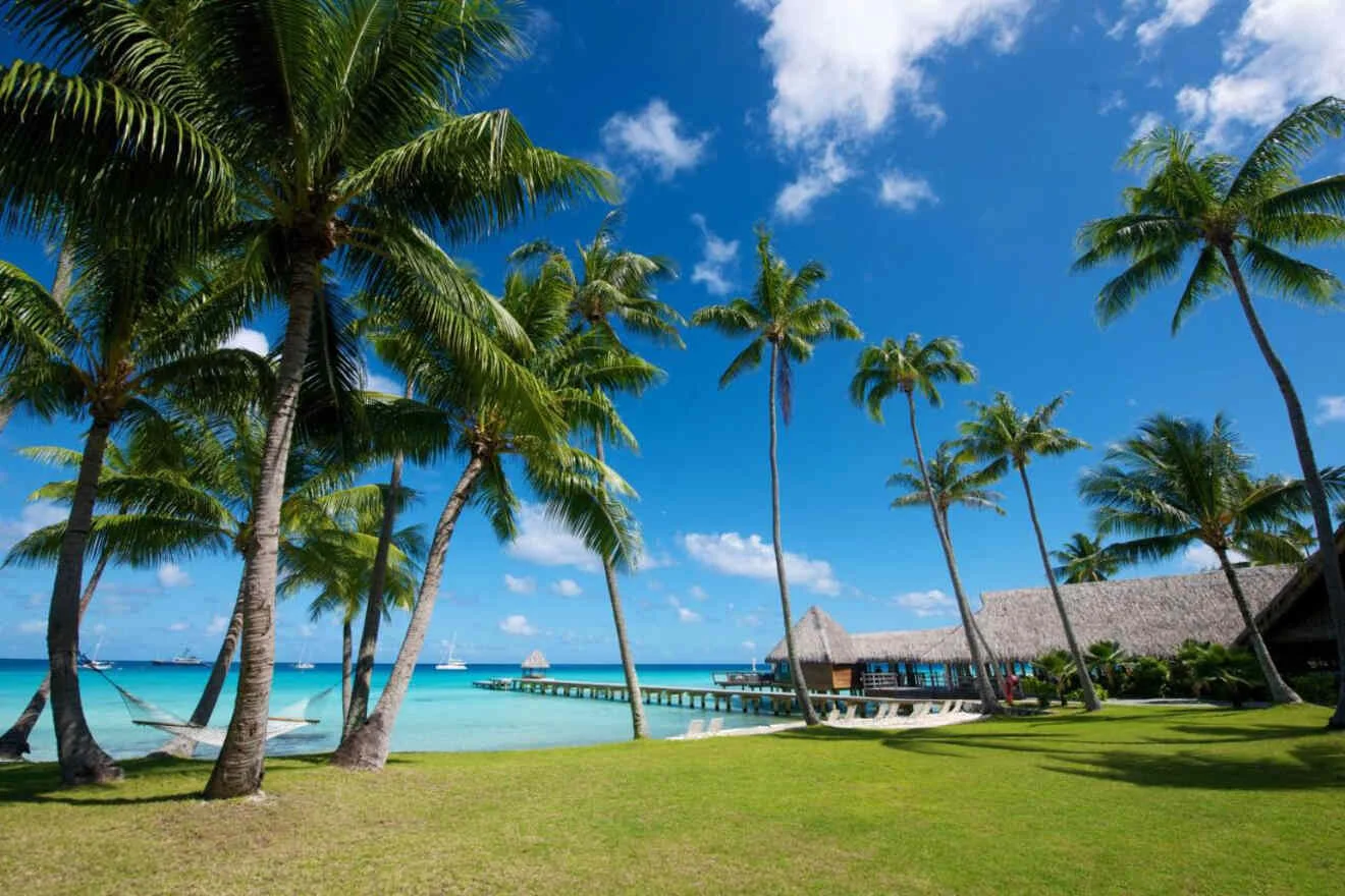 A tropical beach scene with palm trees, a grassy area, hammocks, and a wooden pier leading to thatched-roof structures over clear blue water under a partly cloudy sky.