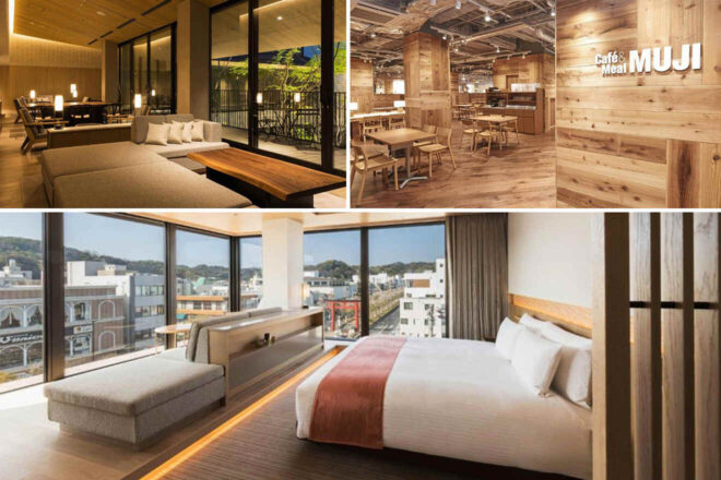 A collage showing a modern lounge, a wooden cafe with "MUJI" sign, and a hotel room with a large bed and city view.