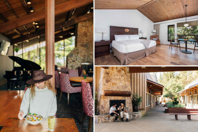 Collage of a woman eating at a restaurant, a bedroom with a large bed in a cabin-style room, and an outdoor seating area with two people by a fireplace at a lodge.