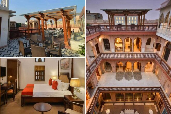 A collage of three hotel photos to stay in Delhi: the Haveli Dharampura showcasing a traditional, ornate interior courtyard with wooden balconies, a cozy rooftop seating area, and a bedroom with classic wooden furniture and warm orange accents.