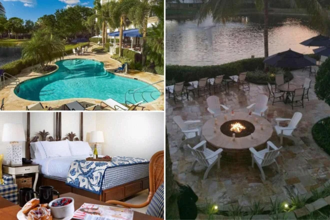 Collage of a resort featuring: 1) an outdoor pool with lounge chairs, 2) a cozy hotel room with a double bed, and 3) a fire pit surrounded by chairs by a lakeside patio.