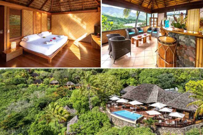 A cozy bedroom with bamboo and wood decor, an outdoor seating area with stunning views of the lush mountains, and an aerial shot of a boutique lodge nestled in the dense tropical foliage with a pool deck.