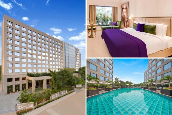 Image collage showing a modern hotel exterior, a spacious guest room with a purple theme, and a large outdoor pool with palm trees.