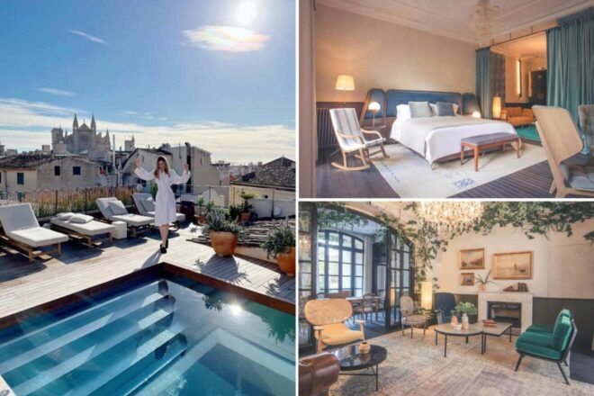 A collage of three images: a rooftop pool with city views, a cozy bedroom with modern decor, and a stylish living room with a chandelier and green plants.