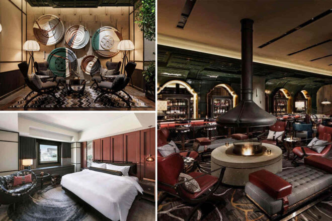 Collage featuring a modern lounge with decorative plates, a cozy hotel room with a large bed, and a stylish bar area with a central fireplace and leather seating.