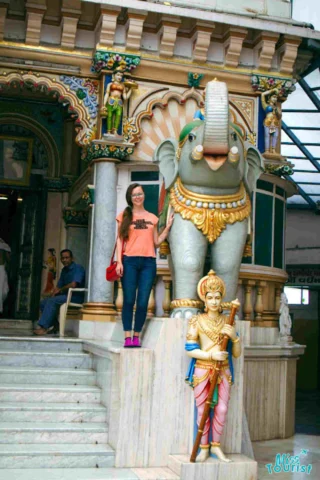 The writer of the post stands beside a decorative elephant statue at the entrance of an ornate building, with another statue of a richly dressed figure holding a staff in the foreground.