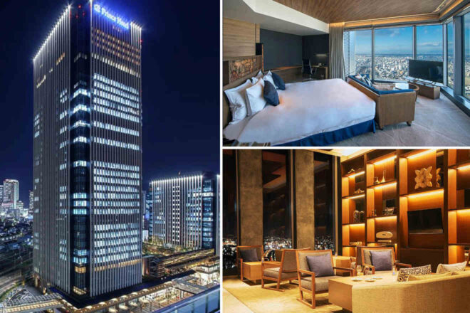 Composite image showing a high-rise hotel building at night, a luxurious hotel room with city views, and a lounge area with sofas and a large TV.