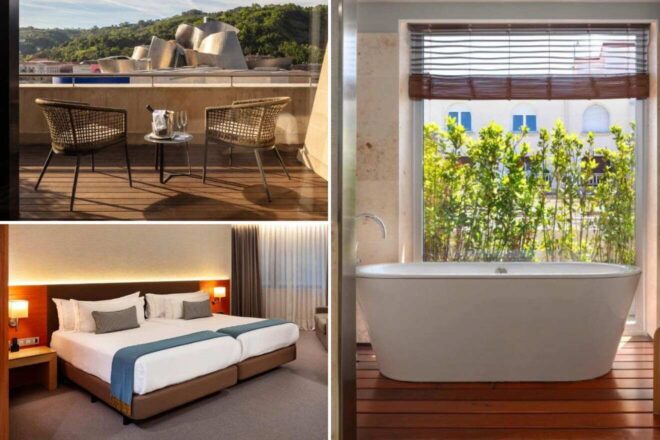 Hotel room collage: outdoor patio with a table and two chairs, a spacious bedroom with a large bed, and a bathroom featuring a standalone bathtub against a window with greenery outside.