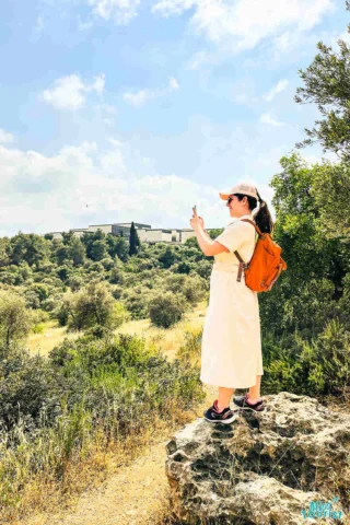 author of the posts stands on a rock taking a photo with a smartphone, overlooking a landscape with trees and a distant building under a blue, partly cloudy sky.