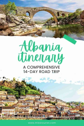 A travel brochure for a 14-day road trip in Albania, featuring an old stone bridge over a river and a hillside town with traditional houses. The title reads "Albania Itinerary: A Comprehensive 14-Day Road Trip.