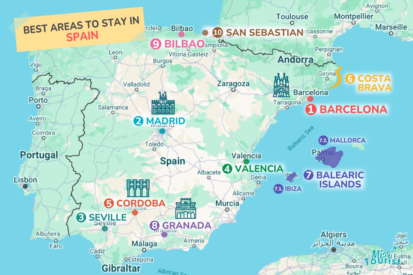 Map of Spain highlighting the best areas to stay, including Barcelona, Madrid, Seville, Granada, Cordoba, Costa Brava, Balearic Islands, Valencia, Bilbao, and San Sebastian.