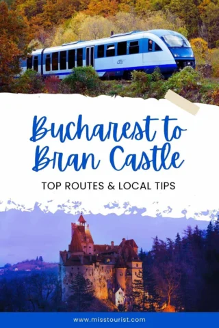 Promotional image for travel routes from Bucharest to Bran Castle, featuring a blue train in a scenic landscape and a view of Bran Castle at dusk.