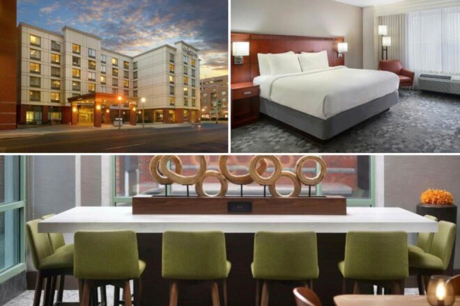 Collage of a hotel exterior at dusk, a modern guest room with a king bed, and a dining area with green chairs around a white table.
