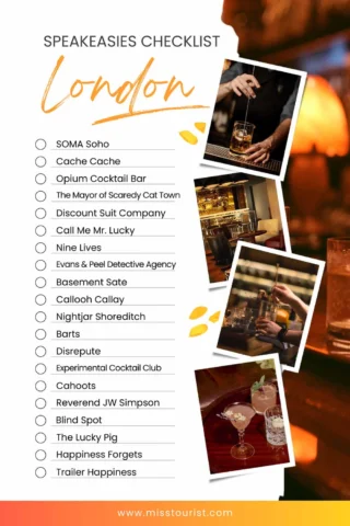 Checklist titled "Speakeasies Checklist London" with a list of 20 speakeasy bars to visit, decorated with photos of cocktail drinks and a cozy bar setting.