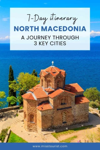 An itinerary brochure titled "7-Day Itinerary North Macedonia: A Journey Through 3 Key Cities," featuring an image of a historic stone building with a red-tiled roof overlooking a body of water.