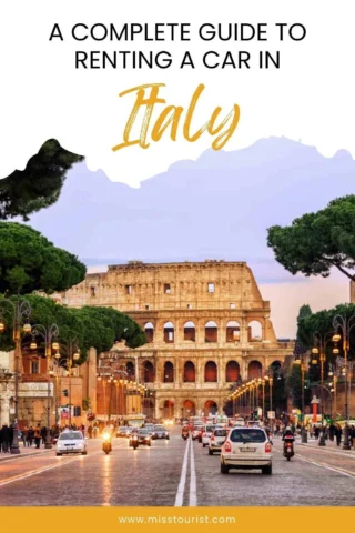 Cover image for a guide on renting a car in Italy, featuring a view of the Colosseum in Rome with vehicles and pedestrians in the foreground.