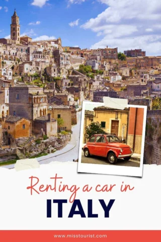 A scenic hillside town in Italy with historical buildings. Inset photo features a red vintage car. Text reads "Renting a car in ITALY" at the bottom.