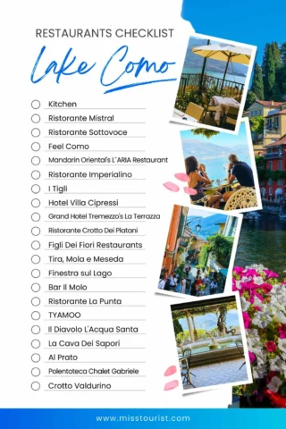 A checklist titled "Restaurants Checklist Lake Como" with a list of restaurants and several scenic photos of Lake Como, including outdoor dining views, water, and flowers. .