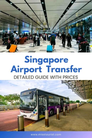 Top: Passengers with luggage inside an airport terminal. Bottom: Bus parked at airport curb labeled "Terminal 4." Text: "Singapore Airport Transfer: Detailed Guide with Prices. www.misstourist.com.